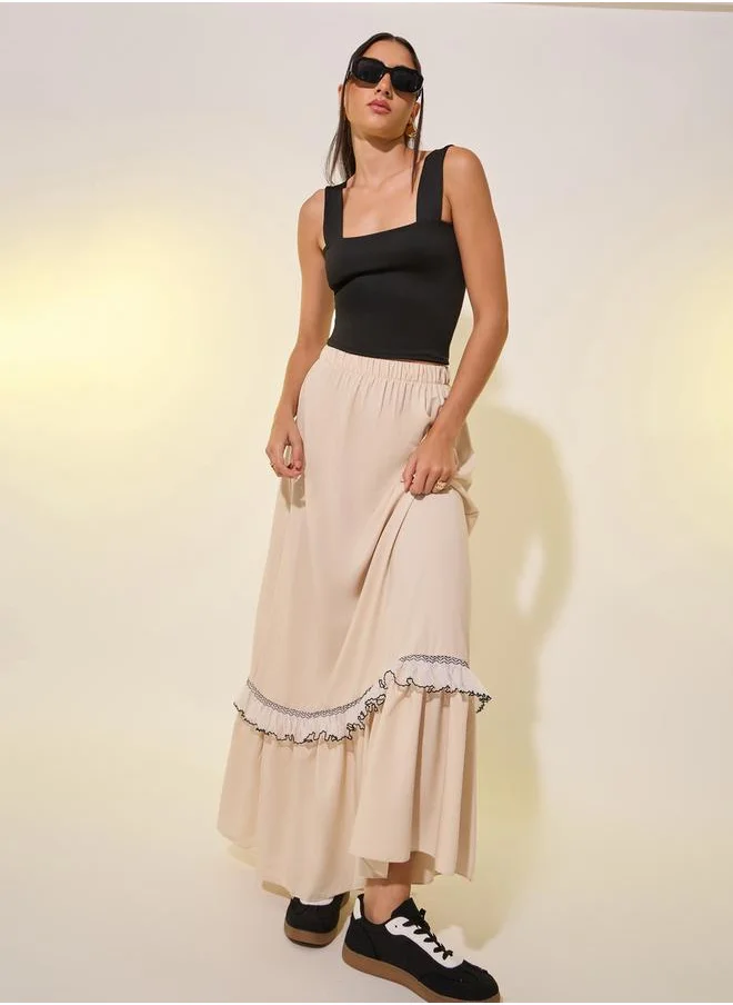Styli Mid Rise A-Line Lace Detail Maxi Skirt