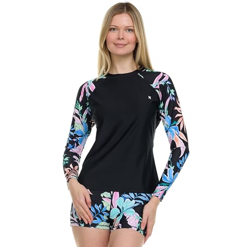 Hurley Womens Two Piece Rash Guard Swim Shorts Long Sleeve Swim Shirt Quick Dry Swimsuits UPF 50 SPF Sun UV Protection Black Multi - Image 3