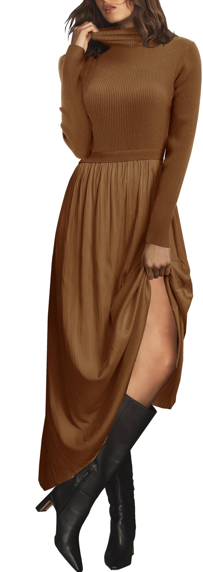 SAUKOLE Sweater Dress for Women 2026 Trendy Spring Clothes Ribbed Knit Pullover Tops Long Flowy Dress Casual Outfits Dresses Brown - Image 1