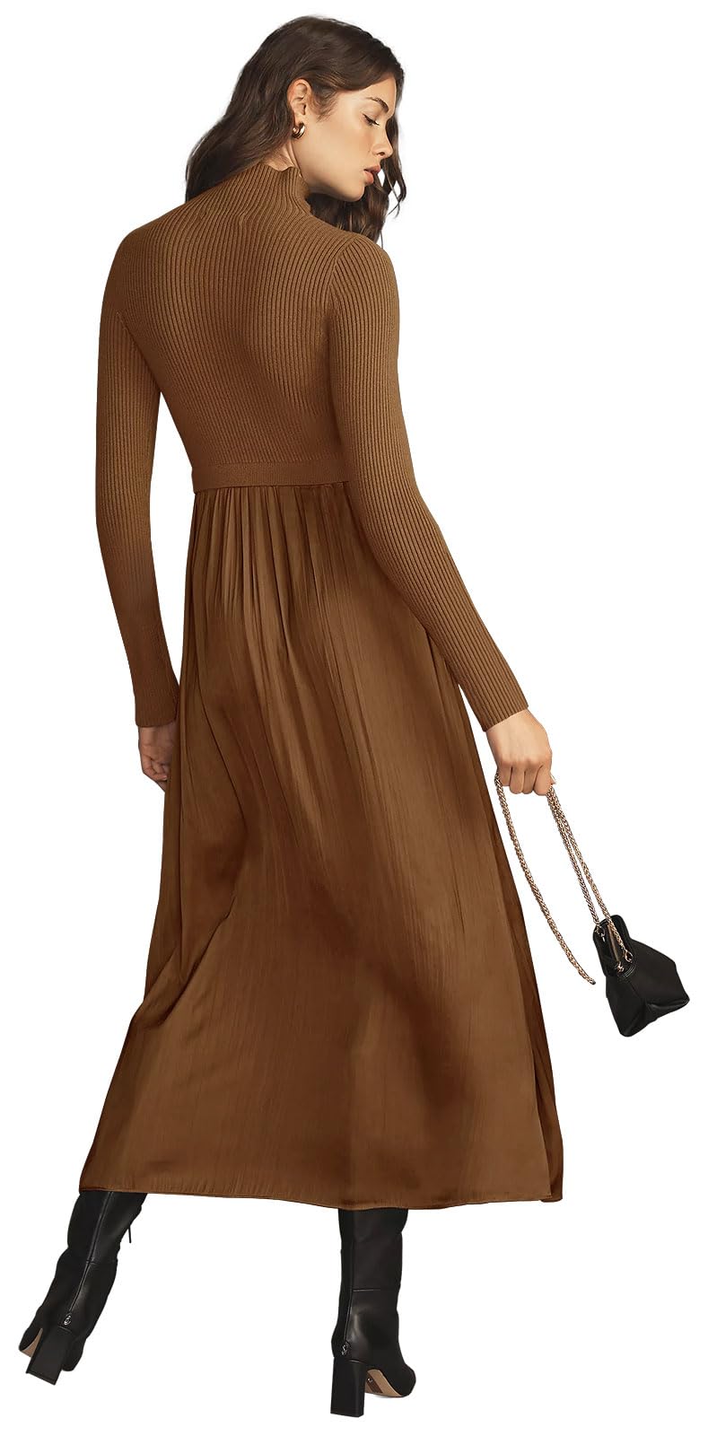 SAUKOLE Sweater Dress for Women 2026 Trendy Spring Clothes Ribbed Knit Pullover Tops Long Flowy Dress Casual Outfits Dresses Brown - Image 3