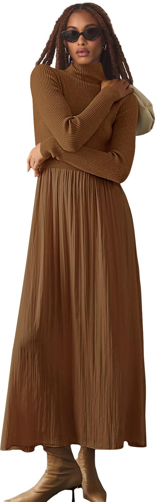 SAUKOLE Sweater Dress for Women 2026 Trendy Spring Clothes Ribbed Knit Pullover Tops Long Flowy Dress Casual Outfits Dresses Brown - Image 2