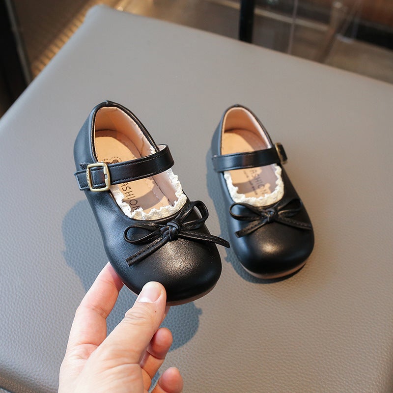 Childrens Small Leather Shoes 2024 Spring and Autumn New Korean Style All-match Bow Princess Shoes Girls Soft Sole Baby Shoes Bbwd98/black