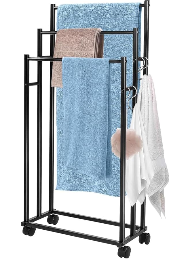 Green Tiger Standing Towel Rack, 3 Tier Floor Towel Stand with Lockable Wheels Free Standing Blanket Drying Rack Organizer for Bathroom, Removable Pool Washcloths Holder Steel Scarf Stand 44x17x86cm - Image 1