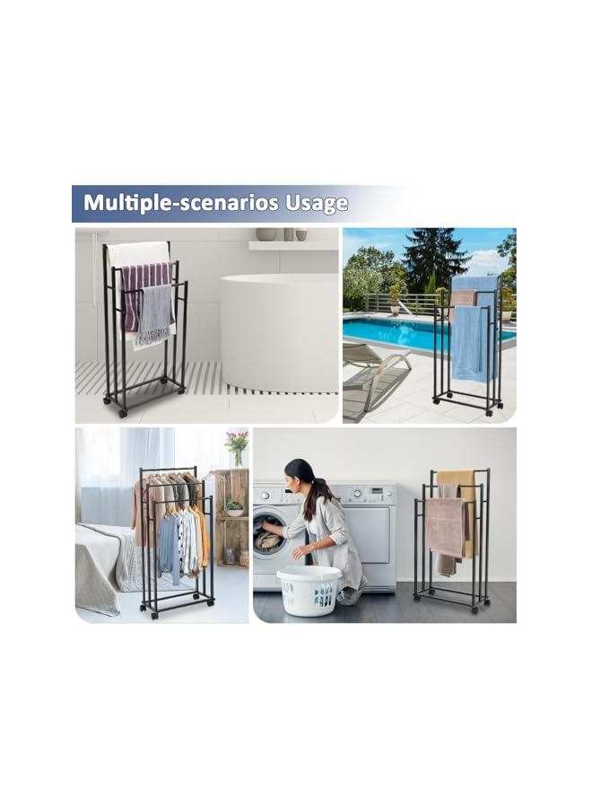 Green Tiger Standing Towel Rack, 3 Tier Floor Towel Stand with Lockable Wheels Free Standing Blanket Drying Rack Organizer for Bathroom, Removable Pool Washcloths Holder Steel Scarf Stand 44x17x86cm - Image 2