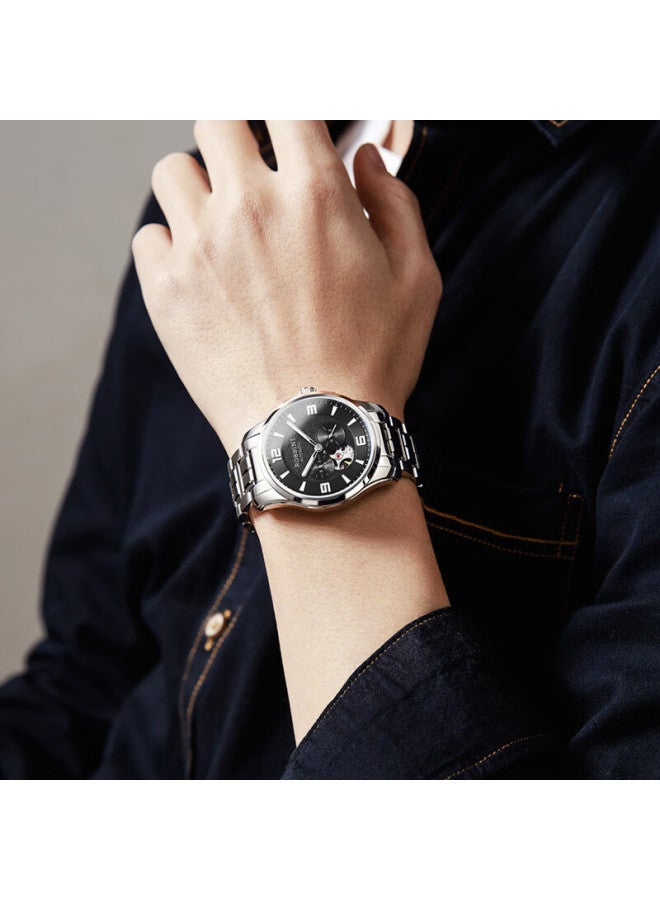Rossini Men's Mechanical Watch Tungsten Steel Luminous Skeleton Black Dial Steel Band 519939 Birthday Gift - Image 4