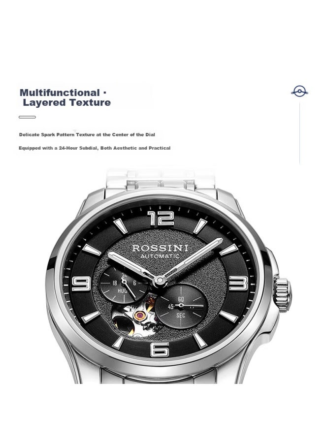 Rossini Men's Mechanical Watch Tungsten Steel Luminous Skeleton Black Dial Steel Band 519939 Birthday Gift - Image 1