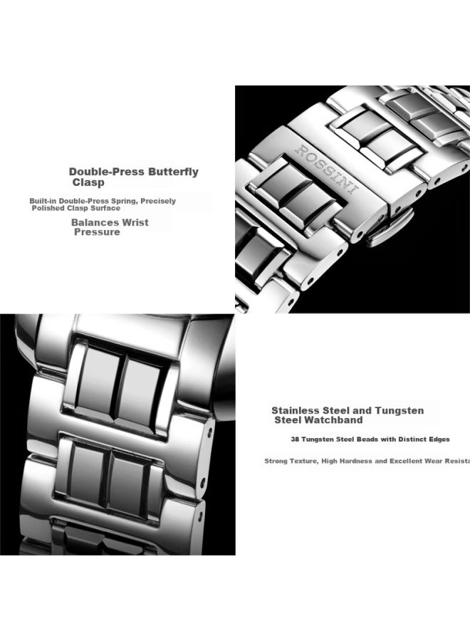 Rossini Men's Mechanical Watch Tungsten Steel Luminous Skeleton Black Dial Steel Band 519939 Birthday Gift - Image 2