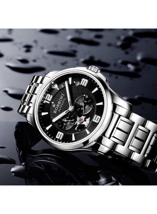 Rossini Men's Mechanical Watch Tungsten Steel Luminous Skeleton Black Dial Steel Band 519939 Birthday Gift - Image 3