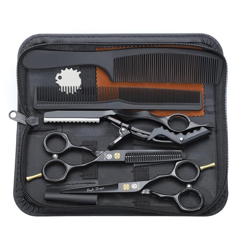 Purple Dragon 5.5 inch Hair Cutting Scissors Set with Razor, Leather Scissors Case, Barber Hair Cutting Shears Hair Thinning/Texturizing Shears for Professional Hairdresser or Home Use (Black) - Image 1