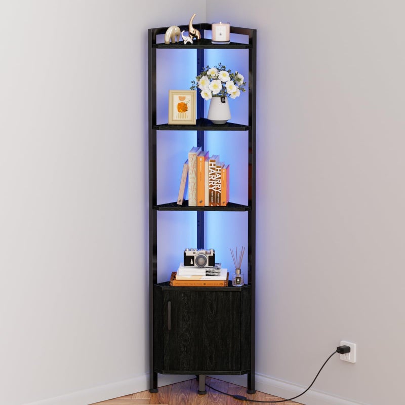 Furnulem رف زاوية فرنوليم 5 طبقات خزانة زاوية مع تخزين وضوء LED 628 رف عرض قائم للكتب لغرفة النوم غرفة المعيشة المطبخ رف عرض خشبي أسود بلوط
