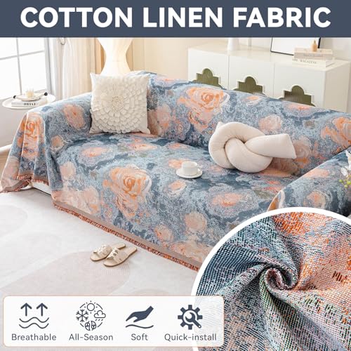 VC Life VClife Flower Couch Cover for Sectional Sofa Washable Sofa Cover, Modern Peach Blue Flower Sofa Couch Cover Breathable Anti-Slip Cotton Linen Sofa Slipcover with Tassel Aesthetic Sofa Cover 71"x118" - Image 2