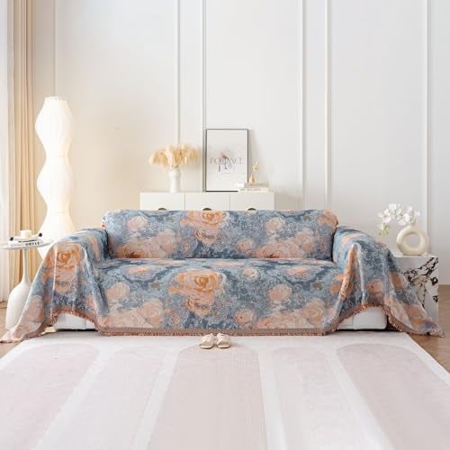 VC Life VClife Flower Couch Cover for Sectional Sofa Washable Sofa Cover, Modern Peach Blue Flower Sofa Couch Cover Breathable Anti-Slip Cotton Linen Sofa Slipcover with Tassel Aesthetic Sofa Cover 71"x118" - Image 1