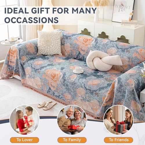 VC Life VClife Flower Couch Cover for Sectional Sofa Washable Sofa Cover, Modern Peach Blue Flower Sofa Couch Cover Breathable Anti-Slip Cotton Linen Sofa Slipcover with Tassel Aesthetic Sofa Cover 71"x118" - Image 4