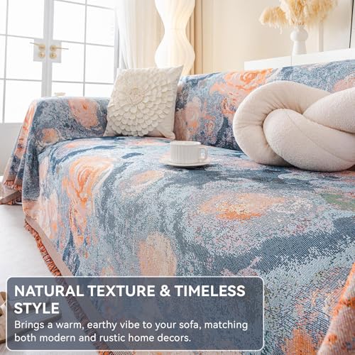 VC Life VClife Flower Couch Cover for Sectional Sofa Washable Sofa Cover, Modern Peach Blue Flower Sofa Couch Cover Breathable Anti-Slip Cotton Linen Sofa Slipcover with Tassel Aesthetic Sofa Cover 71"x118" - Image 5