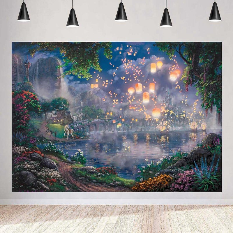 SSCSTS Fairy Tale Prince Beauty Backdrop Palace Castle Garden Lake Lantern Romantic Dating Girl Princess Birthday Party Photography Background Photo Studio Props (Polyester, 5x3ft) - Image 1