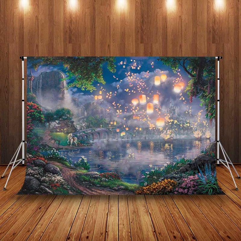SSCSTS Fairy Tale Prince Beauty Backdrop Palace Castle Garden Lake Lantern Romantic Dating Girl Princess Birthday Party Photography Background Photo Studio Props (Polyester, 5x3ft) - Image 4
