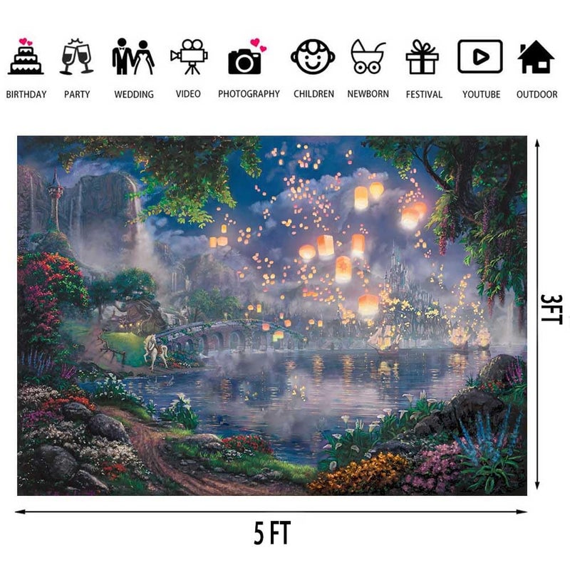 SSCSTS Fairy Tale Prince Beauty Backdrop Palace Castle Garden Lake Lantern Romantic Dating Girl Princess Birthday Party Photography Background Photo Studio Props (Polyester, 5x3ft) - Image 3