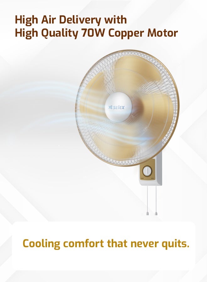 16" Wall Fan High Performance Fan with 3-Speed Controls, 4 Leaf Blades and 2 Pull String Cords, High Quality Copper Motor for High Speed Wind 70 W  (3 Years Warranty)
