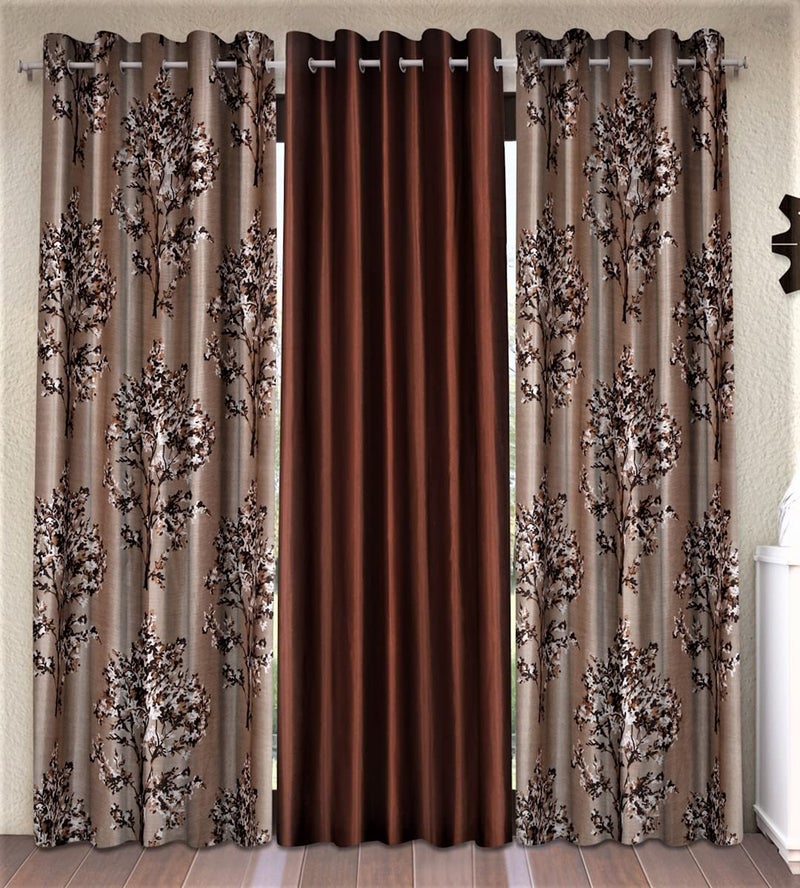 Fashion String 3 Piece Floral Blossoms Eyelet Polyester Door Curtains 7 Feet Brown - Image 1