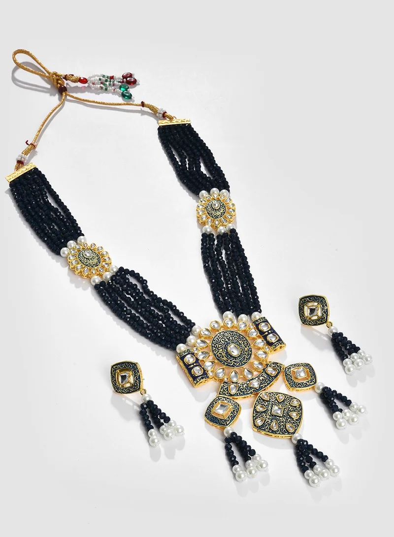 SOHI Black & White Stone Studded & Beaded Artificial Jewellery Set