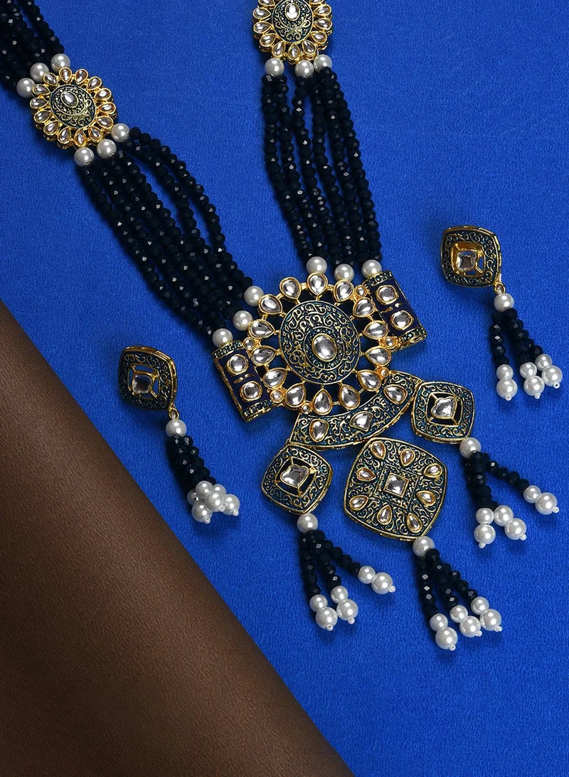 SOHI Black & White Stone Studded & Beaded Artificial Jewellery Set