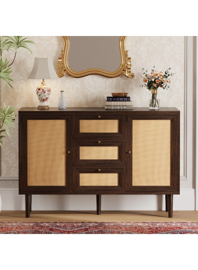 Chogori Rattan Storage Cabinet with 3 Drawers and 2 Doors – Boho Farmhouse Sideboard Buffet Cabinet, Solid Wood Credenza with Adjustable Shelves for Living Room, Kitchen, Entryway, Hallway - Image 1