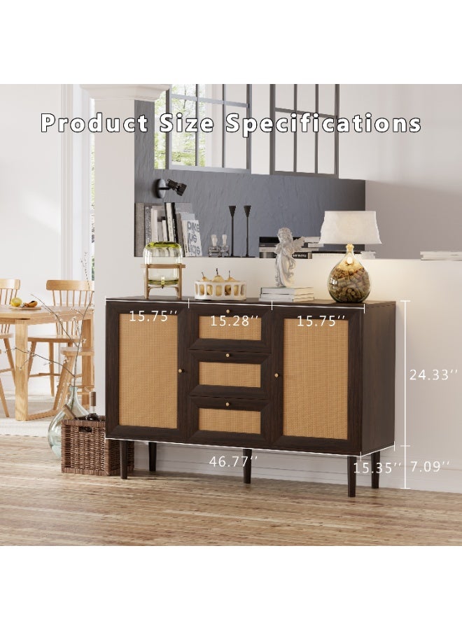 Chogori Rattan Storage Cabinet with 3 Drawers and 2 Doors – Boho Farmhouse Sideboard Buffet Cabinet, Solid Wood Credenza with Adjustable Shelves for Living Room, Kitchen, Entryway, Hallway - Image 3