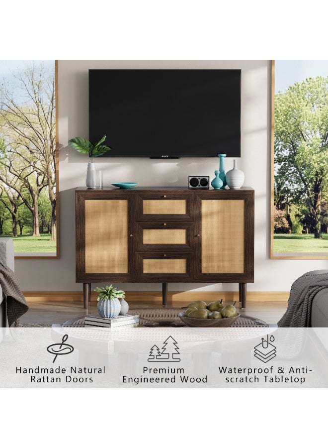 Chogori Rattan Storage Cabinet with 3 Drawers and 2 Doors – Boho Farmhouse Sideboard Buffet Cabinet, Solid Wood Credenza with Adjustable Shelves for Living Room, Kitchen, Entryway, Hallway - Image 4