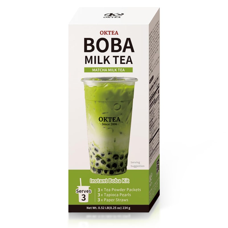 OKTEA Matcha Rich Bubble Pearl Milk Tea Kit - Non-Dairy Creamer Edition - Matcha Flavor, Real Sugar, Preservative-Free Tapioca Balls, Includes Paper Straws - 3 Servings - Image 1