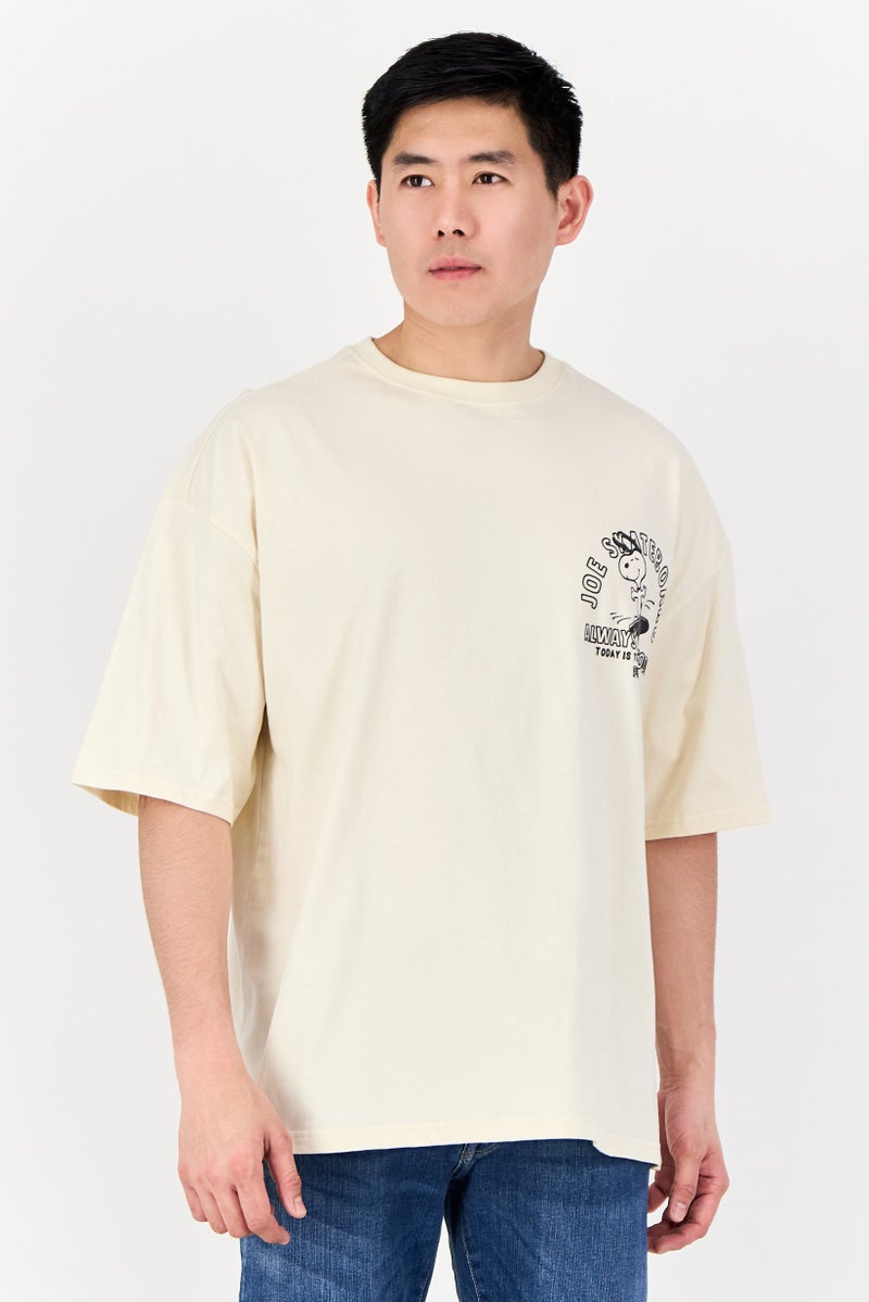 Peanuts Men Crew Neck Short Sleeve Graphic Print T-Shirt, Cream - Image 1