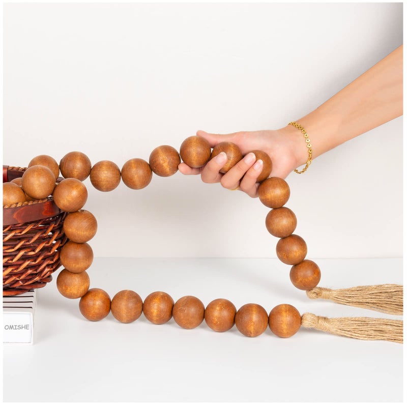 OMISHE 76" Long Extra Large Wood Bead Garland with 1.6" Diameter Wooden Beads and Tassels, Rustic Farmhouse Country Decorative Beads for Home Tiered Tray Decor, Brown - Image 1