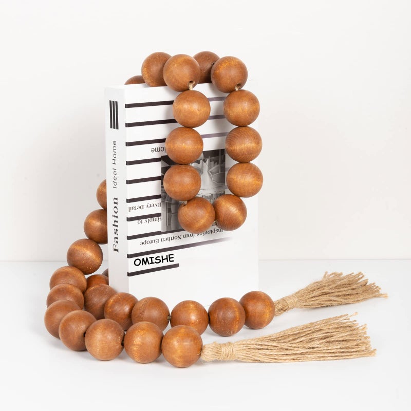 OMISHE 76" Long Extra Large Wood Bead Garland with 1.6" Diameter Wooden Beads and Tassels, Rustic Farmhouse Country Decorative Beads for Home Tiered Tray Decor, Brown - Image 3