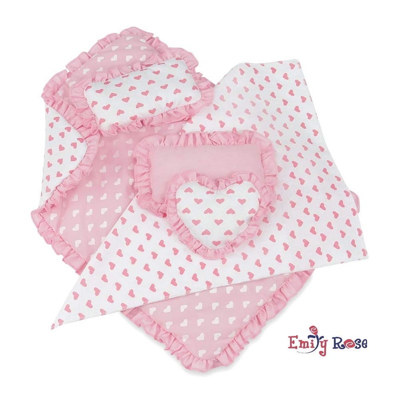Emily Rose طقم سرير دمى إميلي روز 18 بوصة 5 قطع قابل للعكس بتصميم قلوب وردية وبيضاء – يشمل لحاف وشراشف ووسائد + وسائد مزخرفة – يناسب أسرّة الدمى والأسرّة المعلقة والمهد – علامة تجارية أمريكية – للأعمار 5 سنوات فما فوق - Image 4