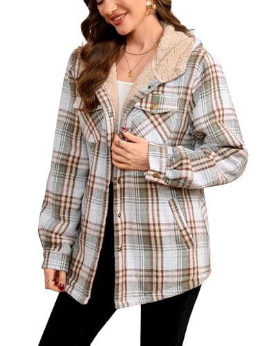 Elesuit Women's Fleece Flannel Jackets Shirt Plaid Cotton Hoodies Button Down Soft Sherpa Lined Jacket with Hood for Women Green Brown XX-Large - Image 2