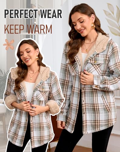 Elesuit Women's Fleece Flannel Jackets Shirt Plaid Cotton Hoodies Button Down Soft Sherpa Lined Jacket with Hood for Women Green Brown XX-Large - Image 5