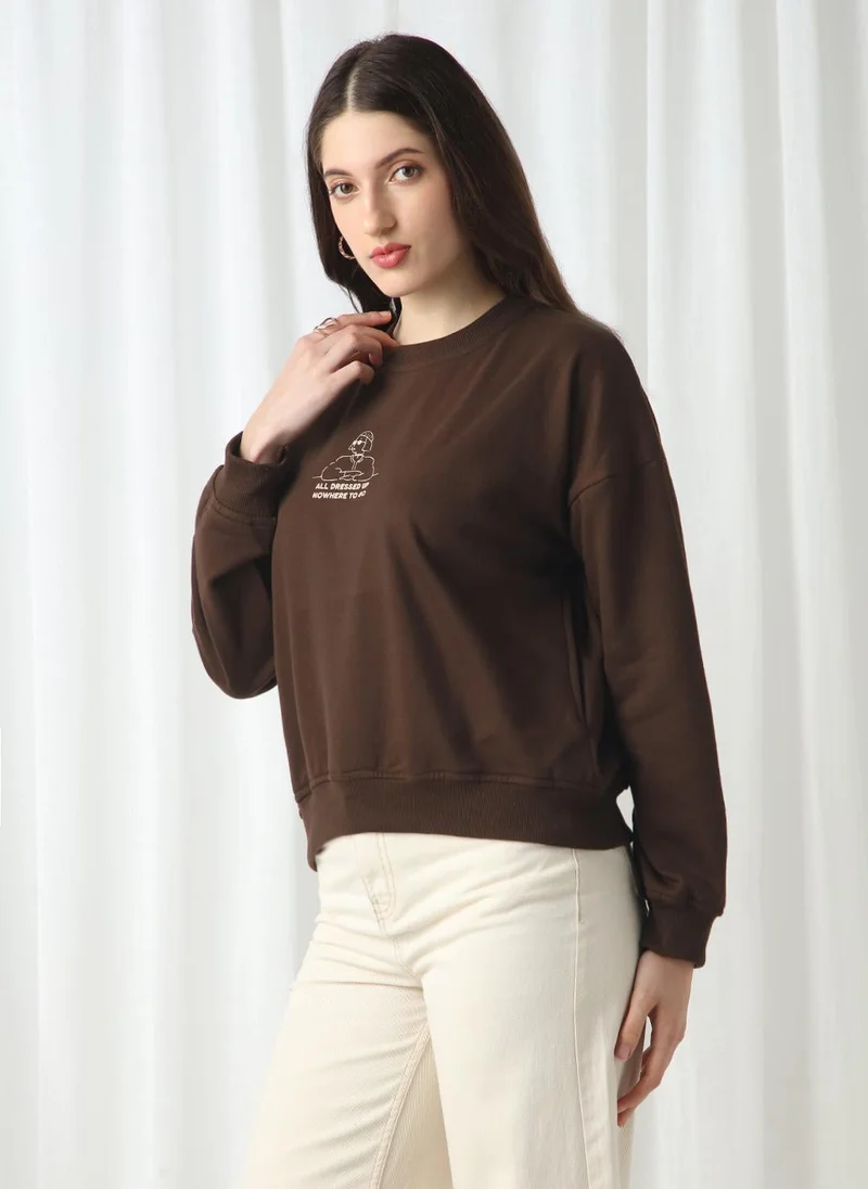 globus Globus Women Brown Drop Shoulder Sleeves Graphic Print Ribbed Hem Oversized Sweatshirt