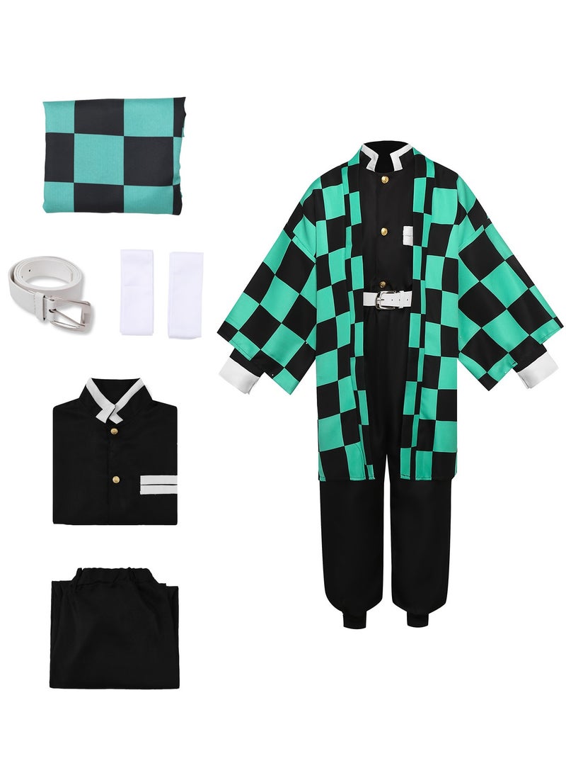 6PCS Demon Slayer Tanjiro Kamado Cosplay Costume Set with Wig – Anime Character Outfit with Accessories, Size M, Halloween & Party Cosplay Suit - Image 1