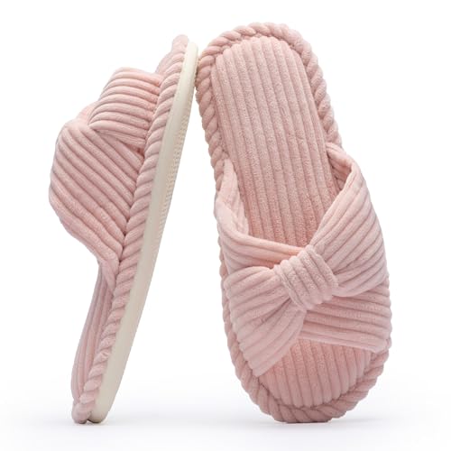 Chantomoo Slippers for Women Memory Foam House Womens Slipper Slides Home Bedroom Bathroom Spa Open Toe Corduroy Bow Slippers Cozy Comfortable Pink Size 8.5 9 9.5 10 - Image 1