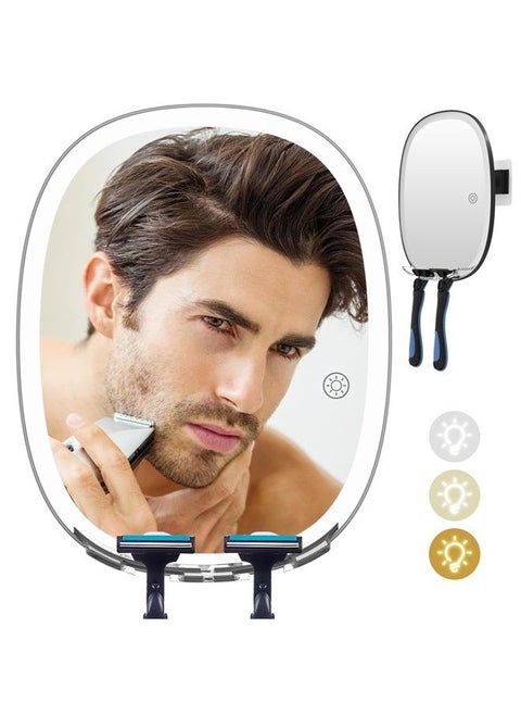 Shower Mirror Fogless for Shaving with Razor Holders, No-Drilling, 3-Color Dimmable Lights – Larger Anti-Fog Mirror with Light Shatterproof & Waterproof for Men and Women