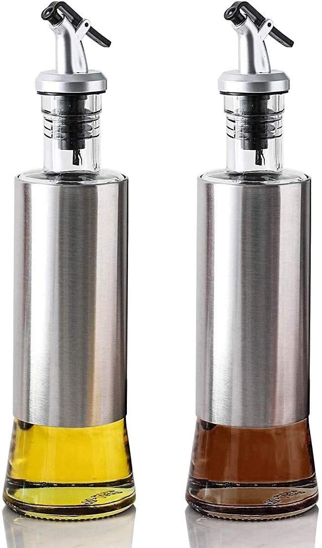 P-PLUS INTERNATIONAL Oil Vinegar Dispenser with Steel Cover 320ml Pack of 2 | Salad Dressing Cruet Glass Oil Bottle | Vinegar Cruet Dispenser | No Drip, Dust and leak-proof Household - Image 1