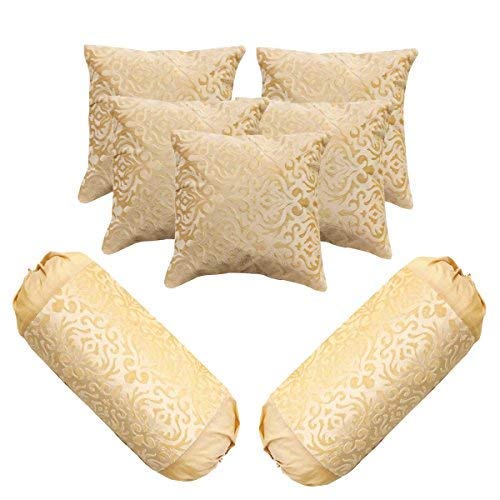 Belive-Me Velvet Embos Standard Size Maslan Cover Bolster Covers Set of 2 Pieces with Cushion Covers Set of 5 Pieces (16x16 inch, 40x40 cm, Beige) - Image 1