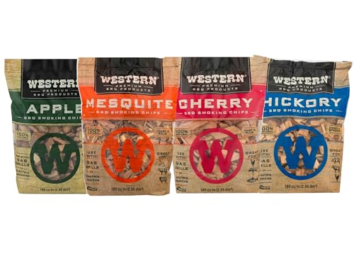 Western BBQ Smoking Wood Chips Variety Pack (4-Pack) – Apple, Mesquite, Hickory & Cherry – 100% Real Wood – Perfect for Pork, Beef, Chicken, Fish & Vegetables (Variety) - Image 1