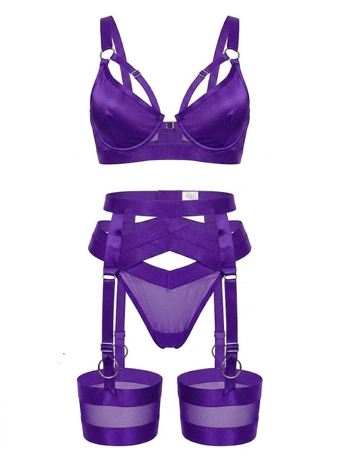 MARGOUN Women's 4-Piece Strappy Lingerie Set with Garter Belt, Underwire Strappy Bra, Cutout High-Waisted Cincher, Thong, and Thigh-High Stockings Exotic Underwear Ensemble - Purple - Image 3
