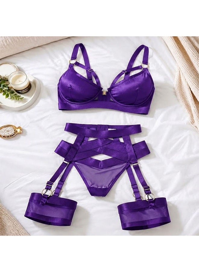 MARGOUN Women's 4-Piece Strappy Lingerie Set with Garter Belt, Underwire Strappy Bra, Cutout High-Waisted Cincher, Thong, and Thigh-High Stockings Exotic Underwear Ensemble - Purple - Image 4