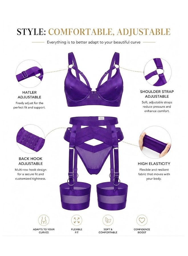 MARGOUN Women's 4-Piece Strappy Lingerie Set with Garter Belt, Underwire Strappy Bra, Cutout High-Waisted Cincher, Thong, and Thigh-High Stockings Exotic Underwear Ensemble - Purple - Image 5