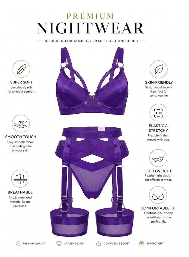 MARGOUN Women's 4-Piece Strappy Lingerie Set with Garter Belt, Underwire Strappy Bra, Cutout High-Waisted Cincher, Thong, and Thigh-High Stockings Exotic Underwear Ensemble - Purple - Image 2