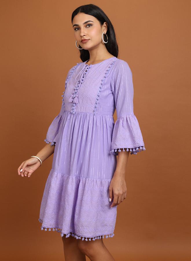 Vishudh Women Embroidered Tie-Up Neck A-Line Mini Dress with Pompom Detail - Image 4
