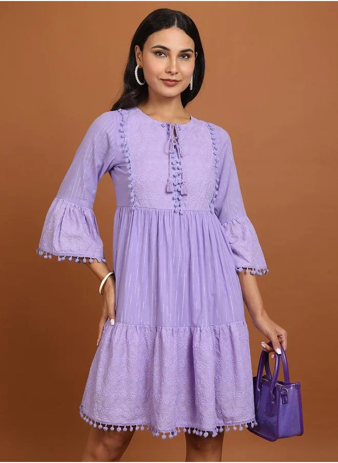 فيشود Vishudh Women Embroidered Tie-Up Neck A-Line Mini Dress with Pompom Detail