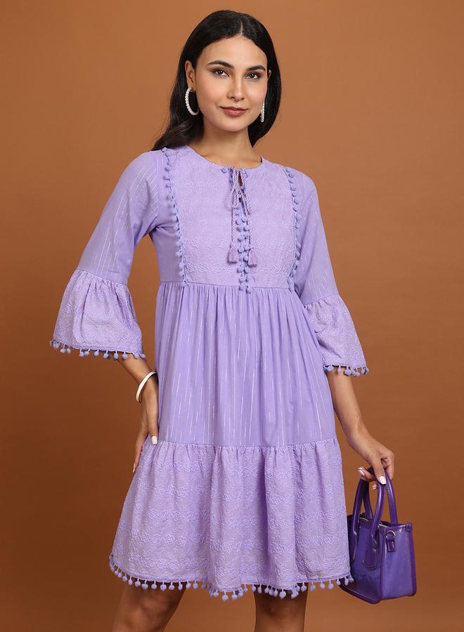 Vishudh Women Embroidered Tie-Up Neck A-Line Mini Dress with Pompom Detail - Image 1