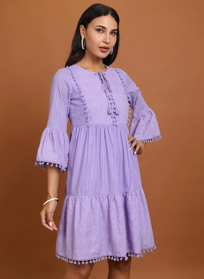 Vishudh Vishudh Women Embroidered Tie-Up Neck A-Line Mini Dress with Pompom Detail